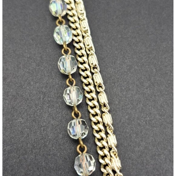 Multi Strand Necklace Clear AB Wash Beads Gold Tone Curb Chain & Snail Chain 55" - Picture 6 of 7